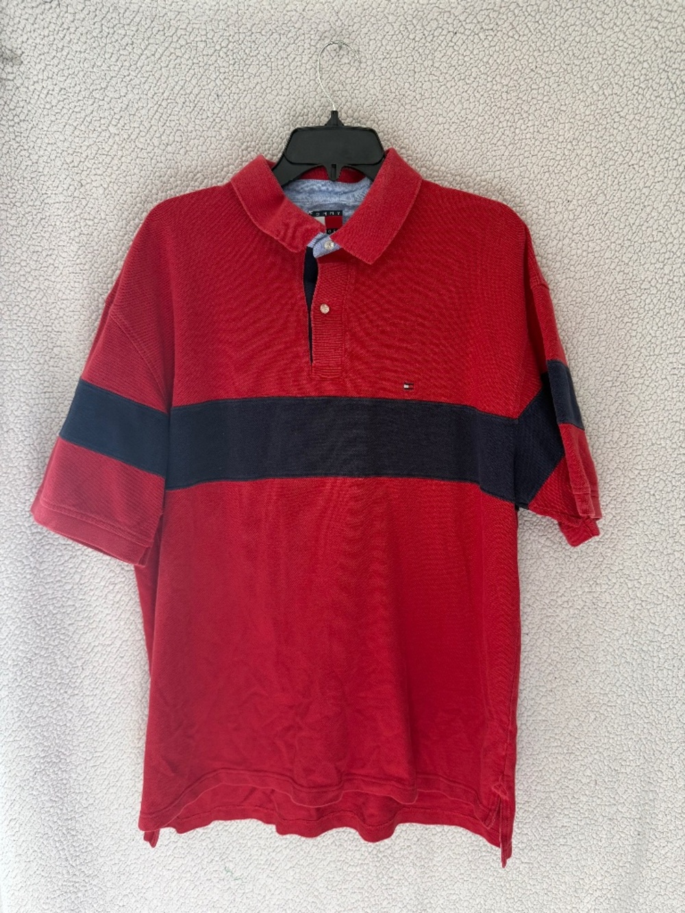 Vintage 90s Tommy Hilfiger Red Navy Stripe Pique Polo Shirt Mens XL Singapore